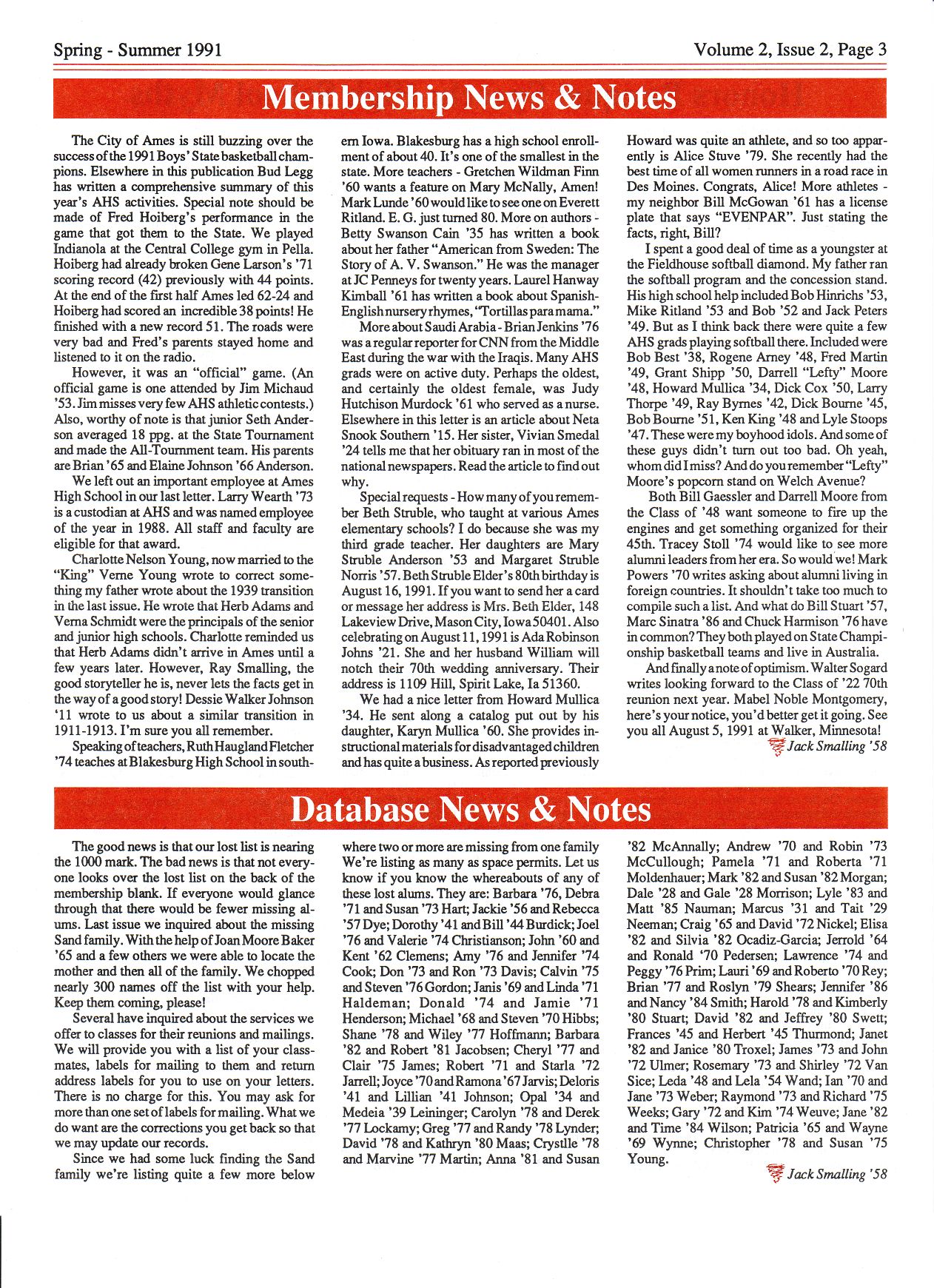 1991 page 3 Ames High School Alumni Assoc. spring-summer newsletter volume 2 issue 2