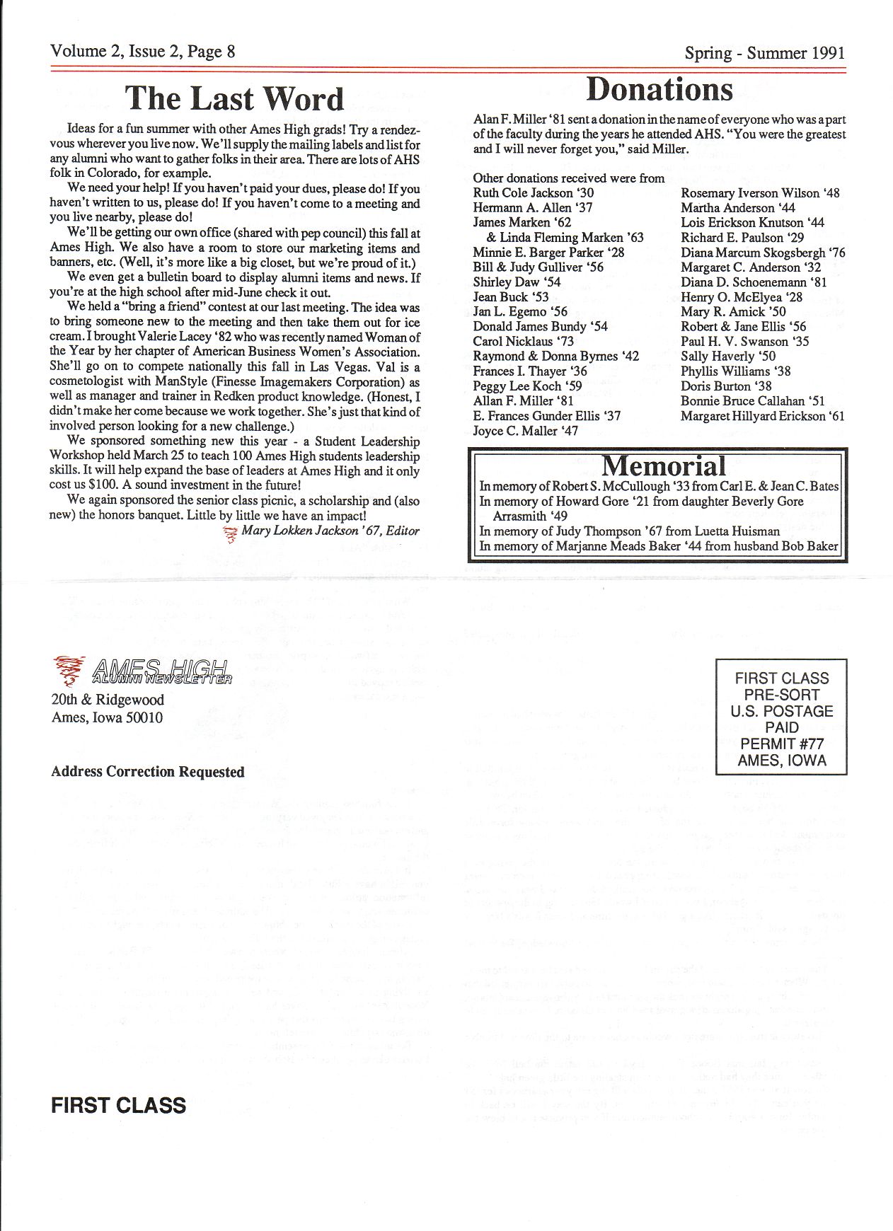 1991 page 8 Ames High School Alumni Assoc. spring-summer newsletter volume 2 issue 2